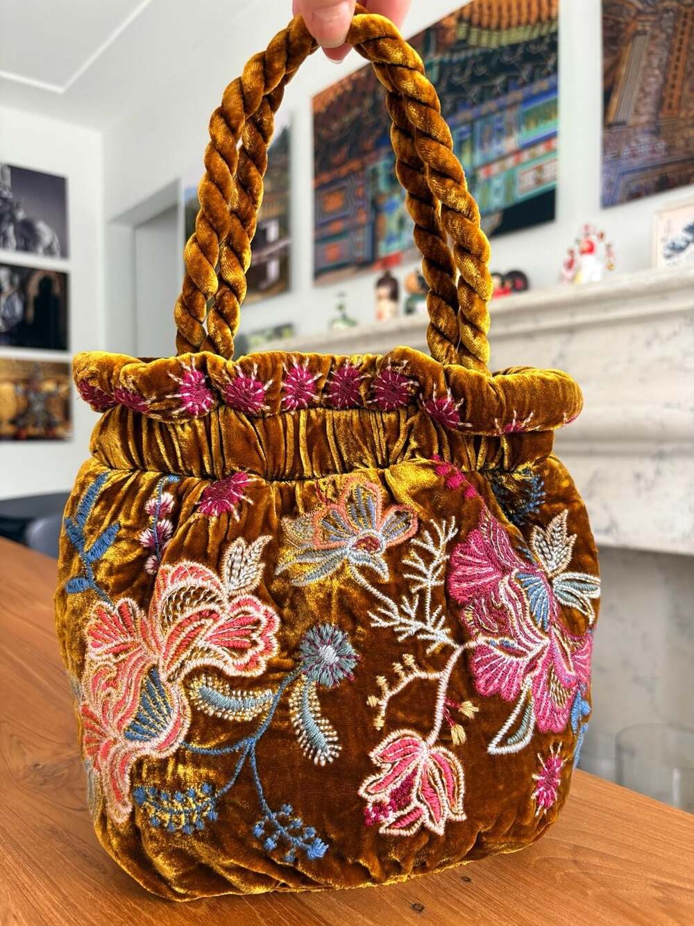 Johnny Was Ulla Velvet Embroidered Pouch Purse in Mustard Gold NWOT